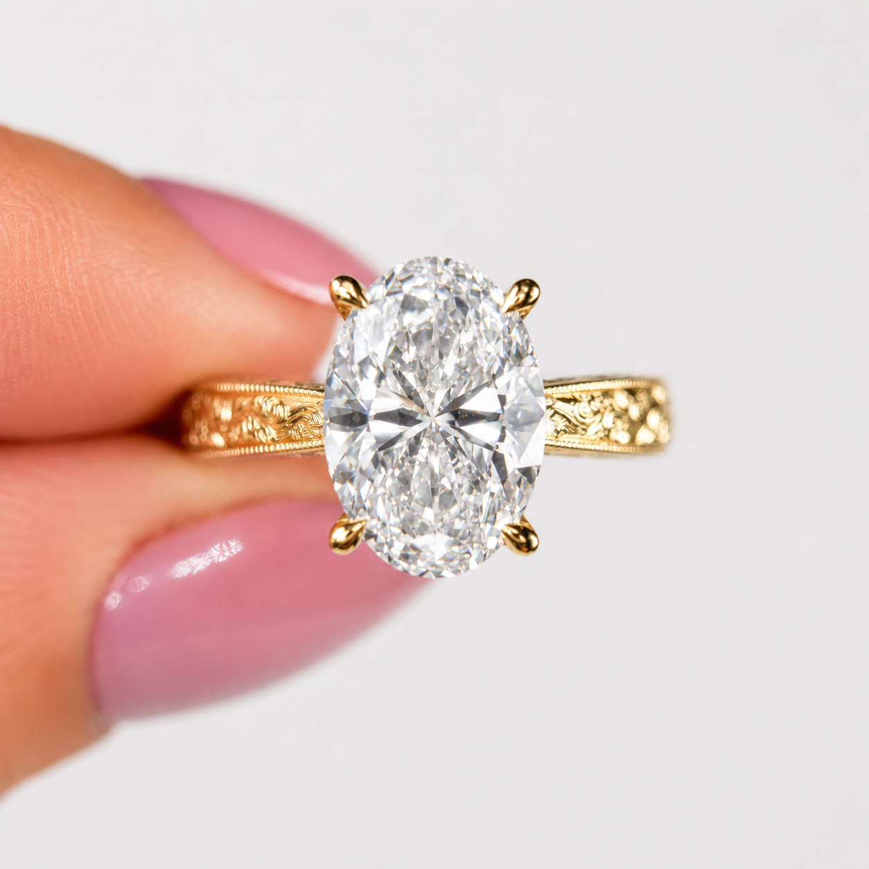 3.57 Carat Oval Solitaire Hand Carved Diamond Engagement Ring